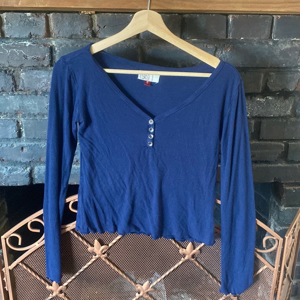 Navy Ribbed Henley Long-Sleeved Tee